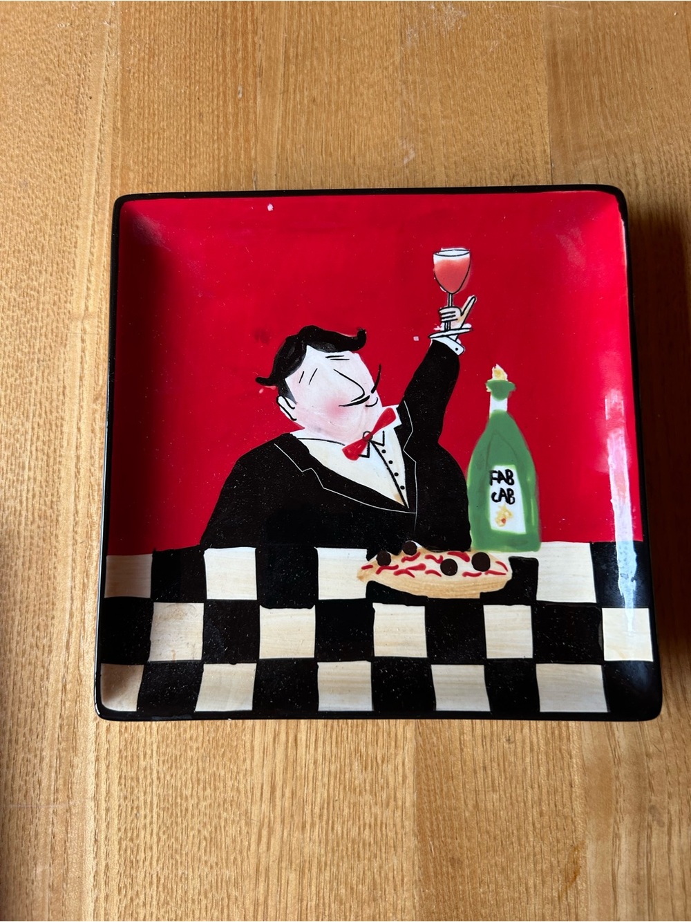 Red Ceramic Decorative Square Plate with Whimsical  Dapper Man